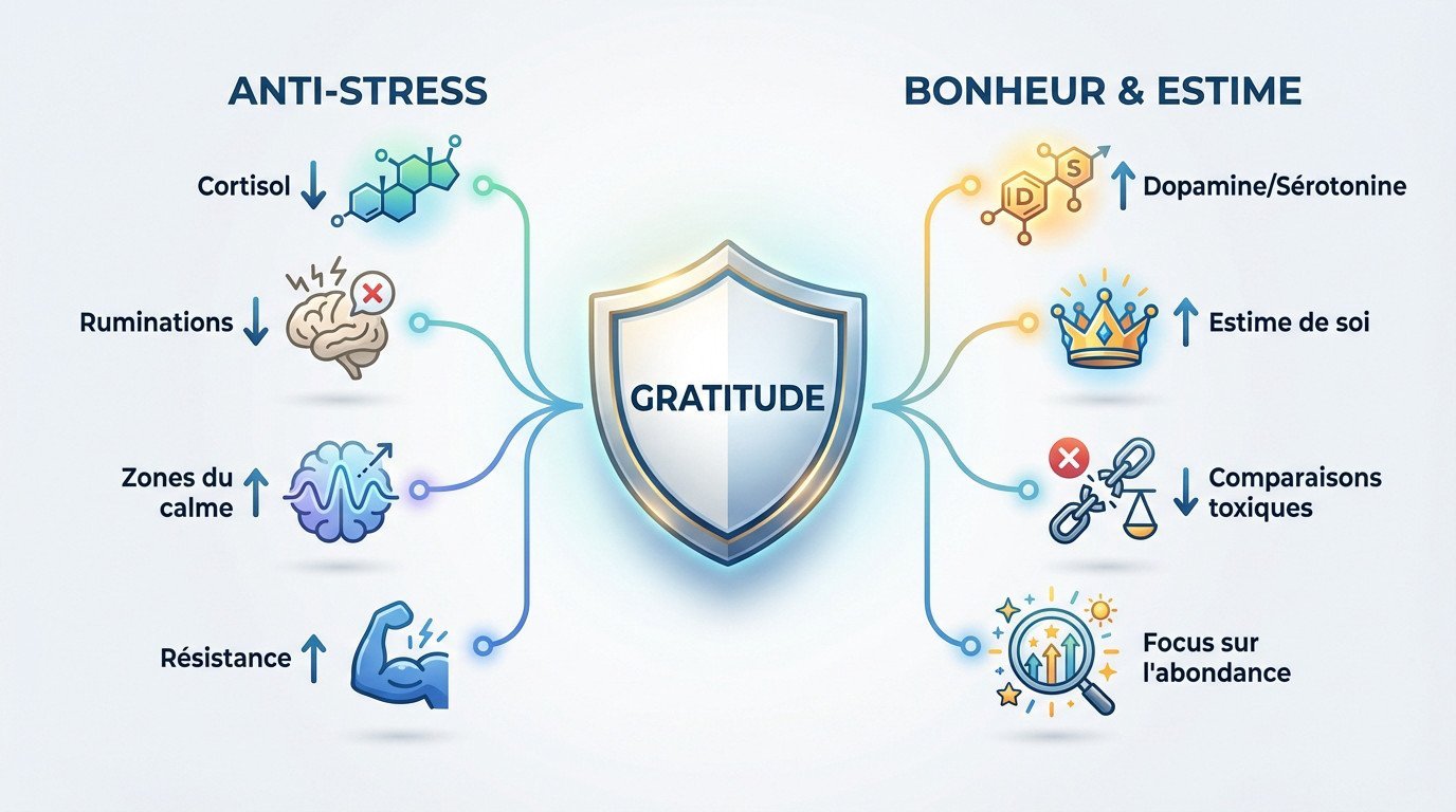 Femme sereine ressentant les bienfaits de la gratitude sur le stress et le bonheur