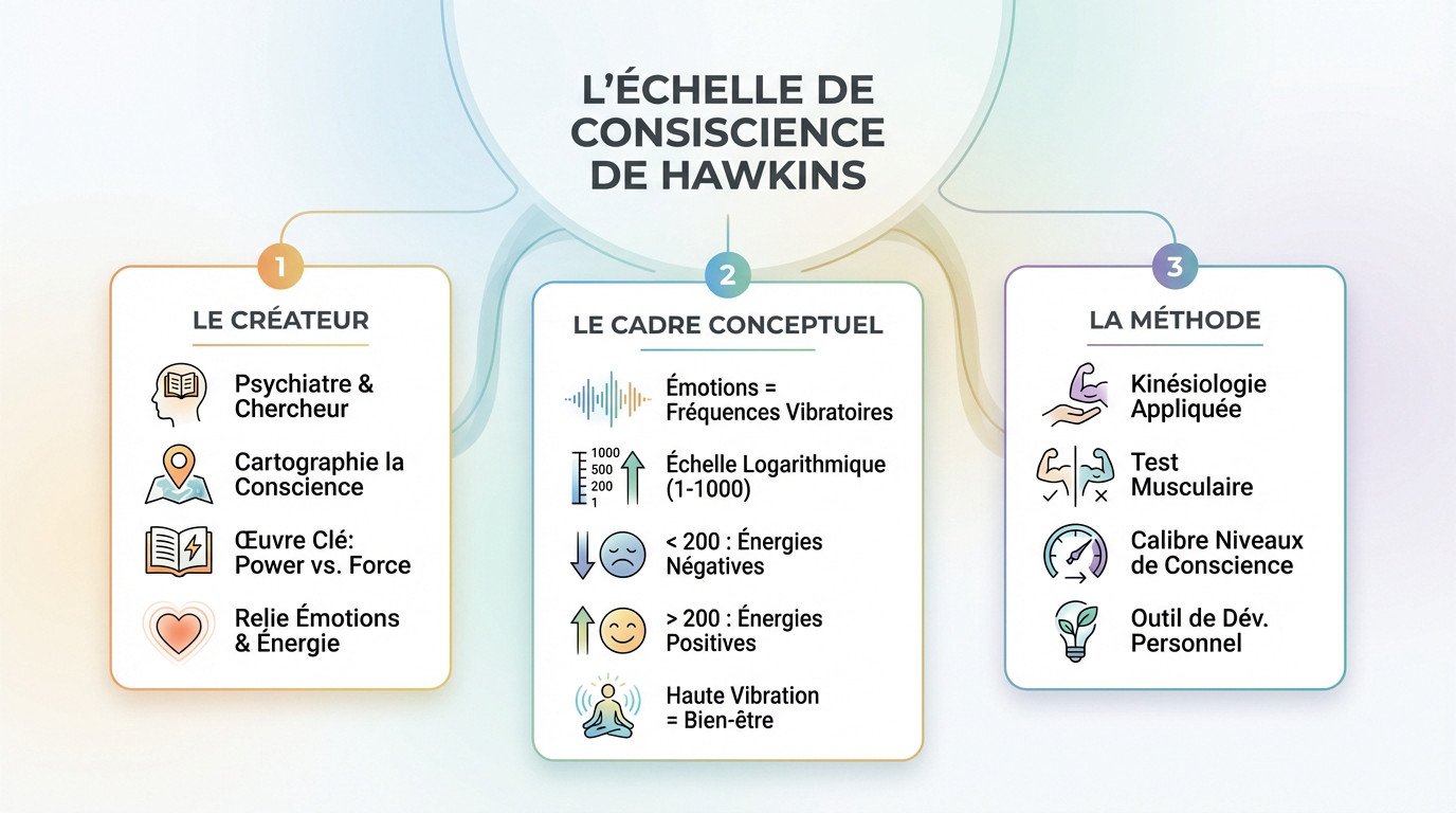 Représentation graphique de l'échelle de conscience du Dr David R. Hawkins montrant les niveaux de vibration des émotions