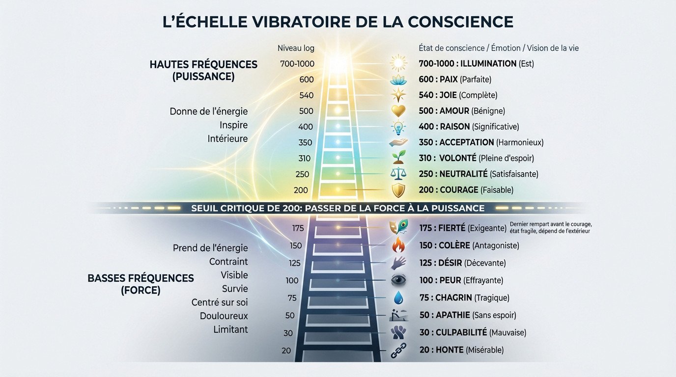 Graphique illustrant les niveaux de conscience de l'échelle de Hawkins de la honte à l'illumination